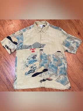 Citron Santa Monica Mens L 100% Silk Sakura Art Crest Green Japanese Authentic